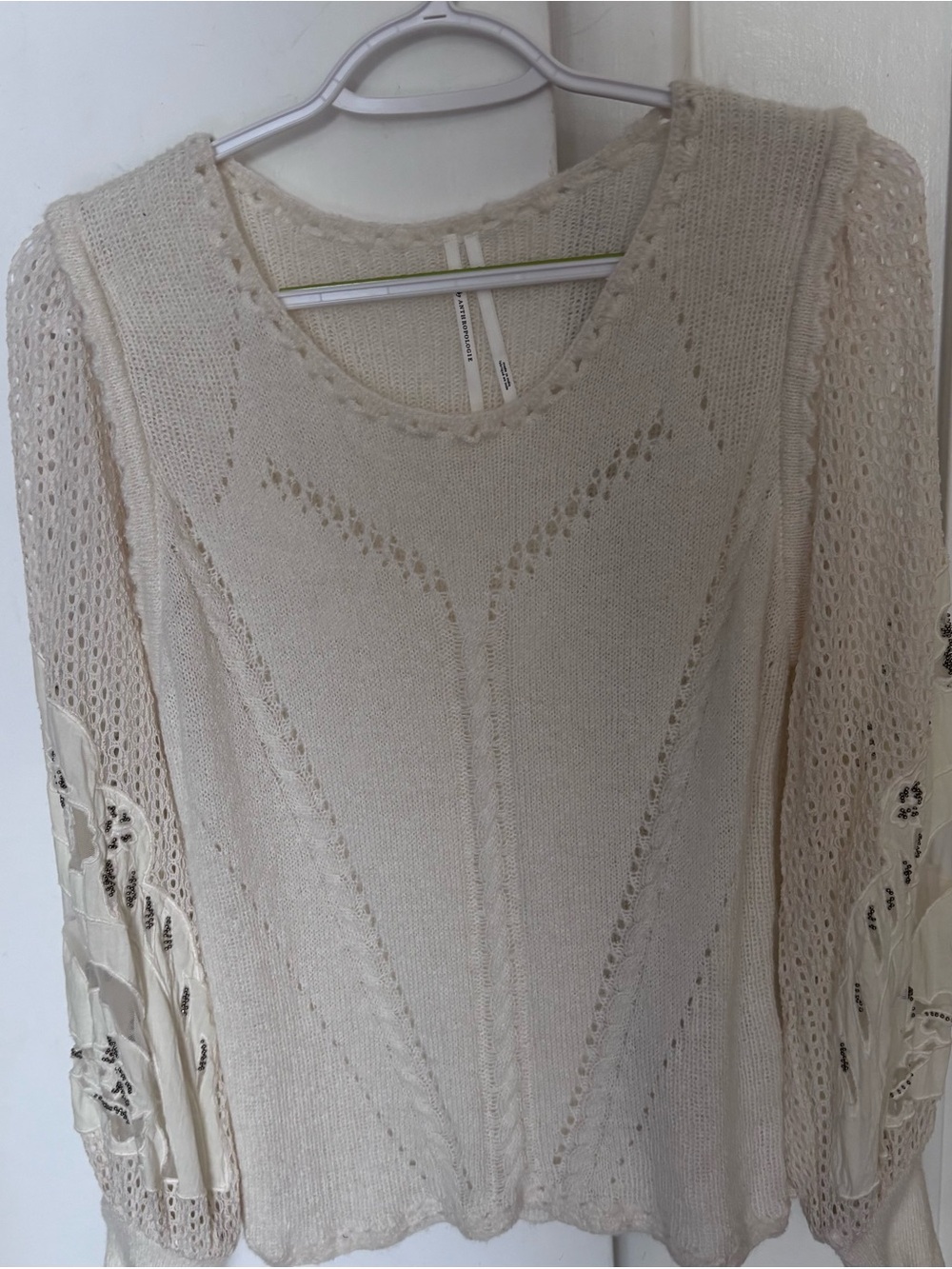 Anthropologie Cream Openwork Crochet-Sleeve Knit Sweater